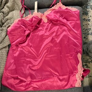 Victoria's Secret Hot Pink Satin Chemise with Lace